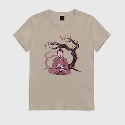 Футболка хлопковая женская Будда Сакура, цвет: миндальный