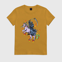 Футболка хлопковая женская Смерть на единороге, цвет: горчичный