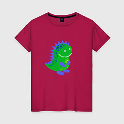 Футболка хлопковая женская Зеленый дракончик-динозаврик, цвет: маджента