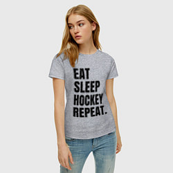 Футболка хлопковая женская EAT SLEEP HOCKEY REPEAT, цвет: меланж — фото 2