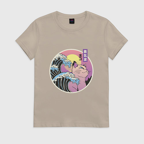 Женская футболка Vaporwave Sunset Кот Самурай / Миндальный – фото 1