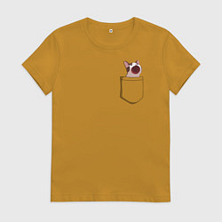 Футболка хлопковая женская ПОП карманный КОТ, цвет: горчичный