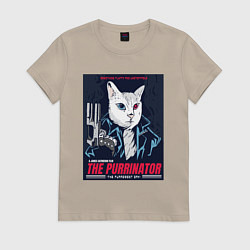 Футболка хлопковая женская Кот Терминатор пародия, цвет: миндальный