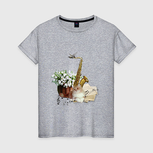 Женская футболка Саксофон кот ноты / Меланж – фото 1