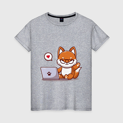 Женская футболка Cute fox and laptop / Меланж – фото 1