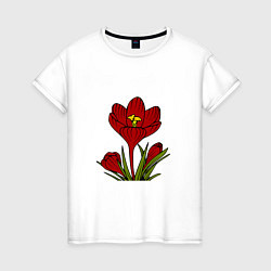 Футболка хлопковая женская Красные тюльпаны, цвет: белый