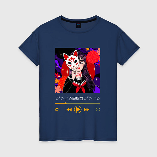 Женская футболка Аниме девушка с маской / Тёмно-синий – фото 1