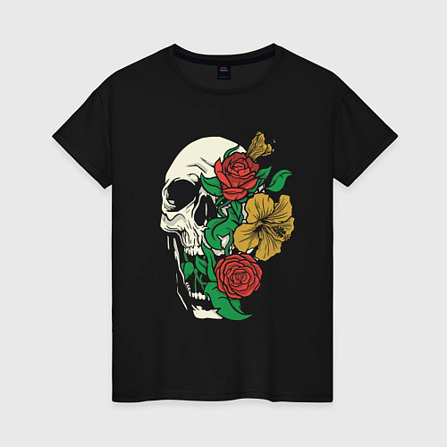 Женская футболка Floral Roses Skull / Черный – фото 1