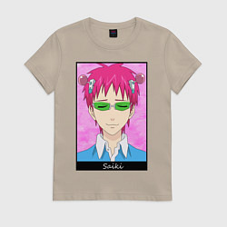 Футболка хлопковая женская Сайки Кусуо вздыхает закрыв глаза, цвет: миндальный