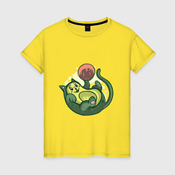 Футболка хлопковая женская Котёнок авокадо играется, цвет: желтый