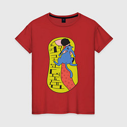 Футболка хлопковая женская Кот Поцелуй Климта пародия, цвет: красный