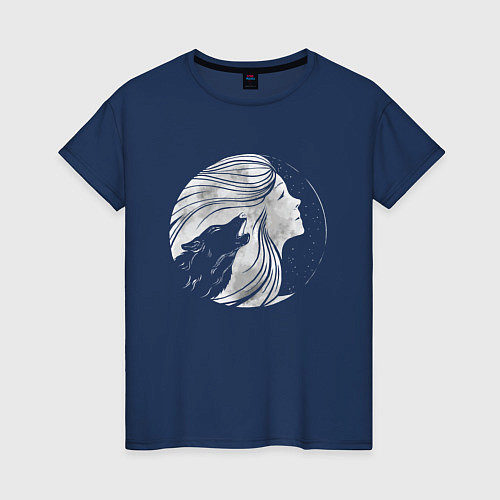 Женская футболка Девушка Волк и Луна / Тёмно-синий – фото 1