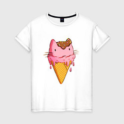 Футболка хлопковая женская Cat Ice Cream, цвет: белый