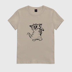 Женская футболка Котенок с вилкой и сосиской