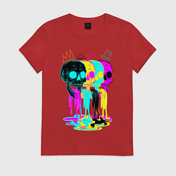 Футболка хлопковая женская 4 ЧЕРЕПА SKULLS NEON, цвет: красный
