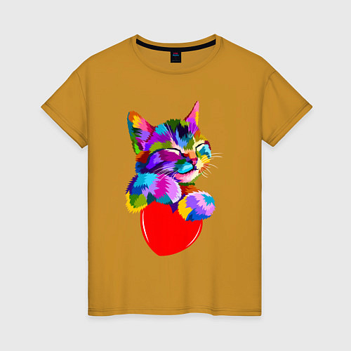 Женская футболка РАДУЖНЫЙ КОТИК RAINBOW KITTY / Горчичный – фото 1