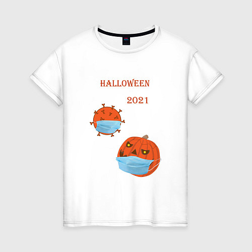 Женская футболка Halloween 2021 , тыква в маске и коронавирус / Белый – фото 1