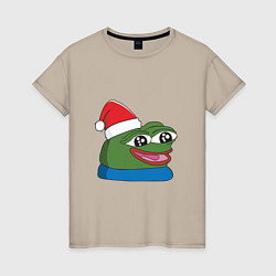 Футболка хлопковая женская Pepe, pepe happy, Пепе хеппи, pepe happy new year, цвет: миндальный