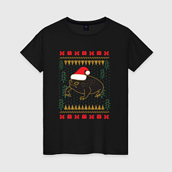 Футболка хлопковая женская Рождественский свитер Жаба, цвет: черный