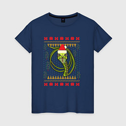 Футболка хлопковая женская Рождественский свитер Скептическая змея, цвет: тёмно-синий
