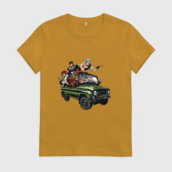 Женская футболка Персонажи жожо едут на уазике джо джо