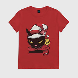 Футболка хлопковая женская Christmas Cat, цвет: красный