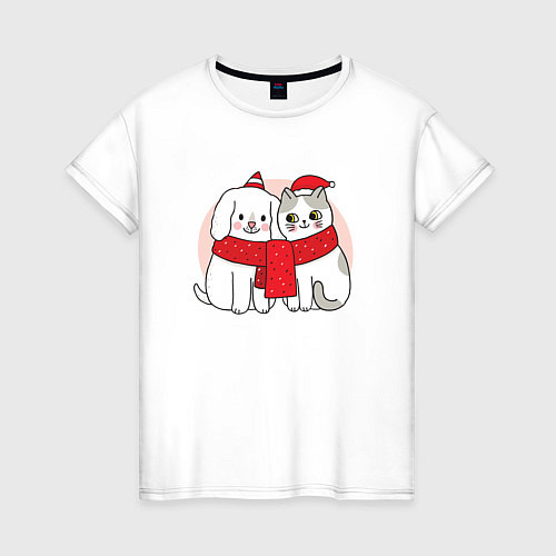 Женская футболка Новогодний котик и собачка / Белый – фото 1