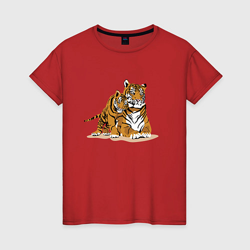 Женская футболка Тигрица с игривым тигрёнком / Красный – фото 1
