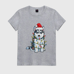 Футболка хлопковая женская НОВОГОДНИЙ ХАСКИ В ГИРЛЯНДЕ, цвет: меланж