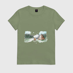 Футболка хлопковая женская Поход в горы, цвет: авокадо
