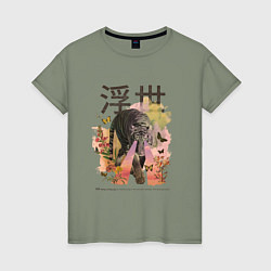 Женская футболка Японский тигр в стиле Укиё Э Акварельный арт