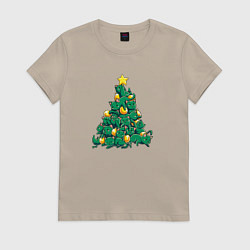 Футболка хлопковая женская Christmas Tree Made Of Green Cats, цвет: миндальный