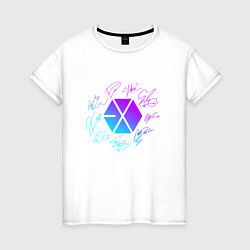 Футболка хлопковая женская EXO BAND NEON LOGO АВТОГРАФЫ, цвет: белый