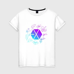 Футболка хлопковая женская EXO BAND NEON LOGO АВТОГРАФЫ, цвет: белый