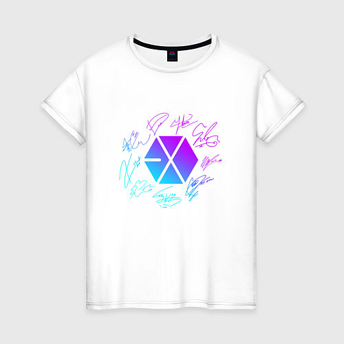 Женская футболка EXO BAND NEON LOGO АВТОГРАФЫ / Белый – фото 1