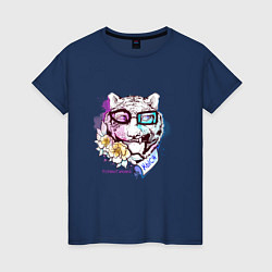 Женская футболка Голова тигра эмоциональная с цветами и в рубашке в