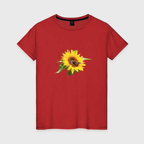Женская футболка Бабочка на цветке подсолнуха / Красный – фото 1