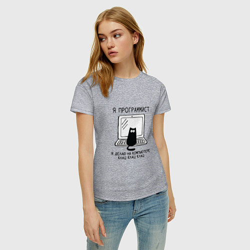 Женская футболка Кот программист черный шрифт / Меланж – фото 3