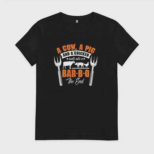 Женская футболка Корова, свинья и курица пошли в Бар-Би-Кю, конец / Черный – фото 1