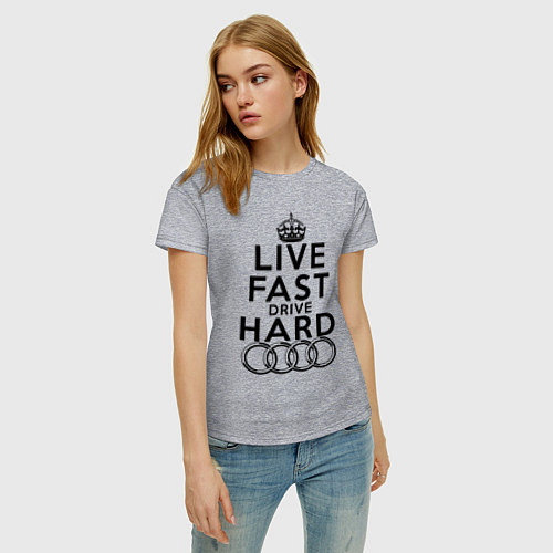 Женская футболка AUDI LIVE FAST, DRIVE HARD АУДИ / Меланж – фото 3