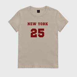 Футболка хлопковая женская New York 25 красный текст в стиле американских кол, цвет: миндальный