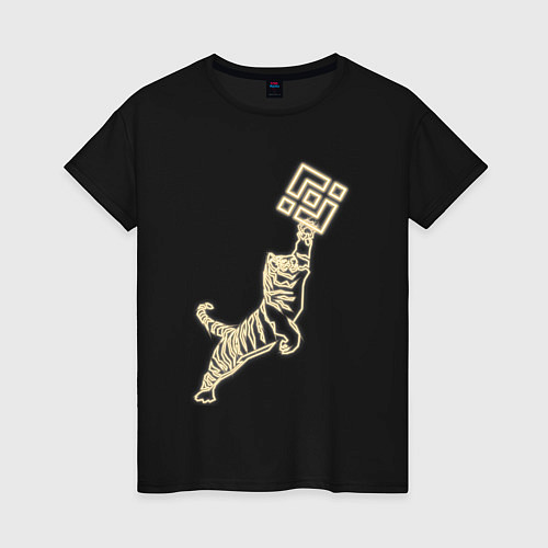 Женская футболка Бинанс с тигром в неоновом свечении / Черный – фото 1