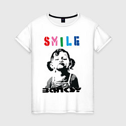 Футболка хлопковая женская BANKSY SMILE девочка улыбается, цвет: белый