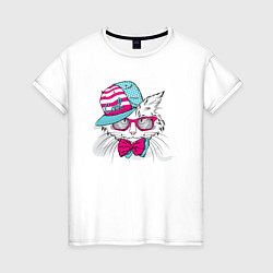 Женская футболка Кот в кепке и с бабочкой