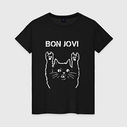 Футболка хлопковая женская Bon Jovi Рок кот, цвет: черный