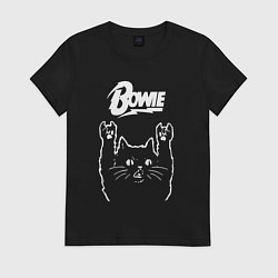 Футболка хлопковая женская Bowie Рок кот, цвет: черный