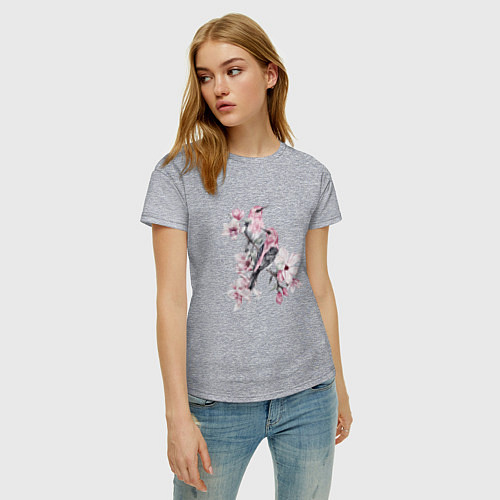 Женская футболка Розовые птицы и цветы магнолии / Меланж – фото 3