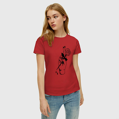 Женская футболка В руке роза / Красный – фото 3