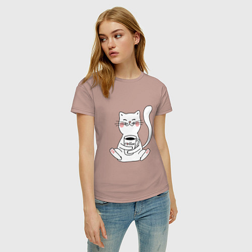 Женская футболка Белый кот с кофе / Пыльно-розовый – фото 3