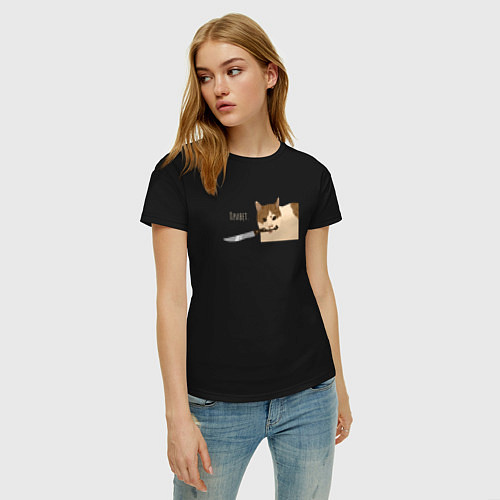 Женская футболка Привет Кот с ножом / Черный – фото 3